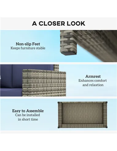 Outsunny Rattan Sofa, 2 Seater Garden Furniture with Soft Padded Cushion and Armrests, Wicker Garden Loveseat for Patio, Navy Bl