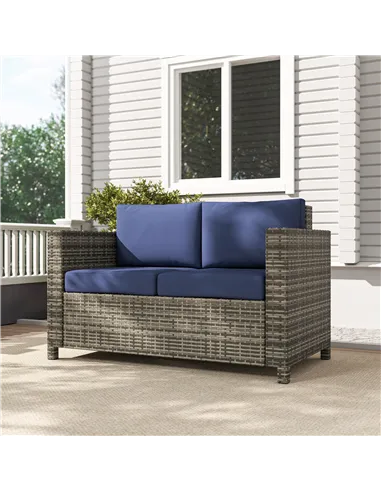 Outsunny Rattan Sofa, 2 Seater Garden Furniture with Soft Padded Cushion and Armrests, Wicker Garden Loveseat for Patio, Navy Bl