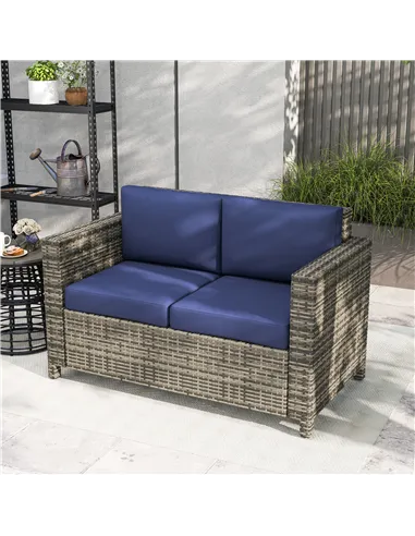 Outsunny Rattan Sofa, 2 Seater Garden Furniture with Soft Padded Cushion and Armrests, Wicker Garden Loveseat for Patio, Navy Bl