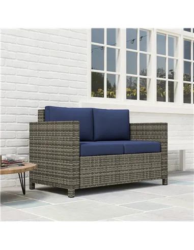 Outsunny Rattan Sofa, 2 Seater Garden Furniture with Soft Padded Cushion and Armrests, Wicker Garden Loveseat for Patio, Navy Bl