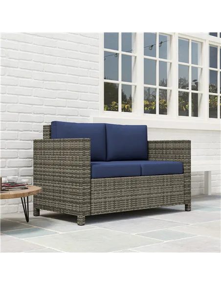Outsunny Rattan Sofa, 2 Seater Garden Furniture with Soft Padded Cushion and Armrests, Wicker Garden Loveseat for Patio, Navy Bl