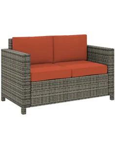 Outsunny Rattan Sofa, 2 Seater Garden Furniture with Soft Padded Cushion and Armrests, Wicker Garden Loveseat for Patio, Grey