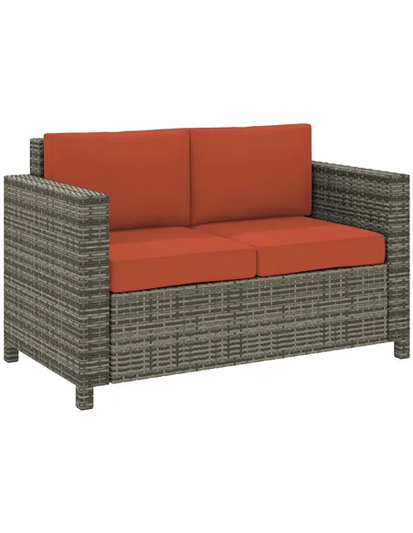 Outsunny Rattan Sofa, 2 Seater Garden Furniture with Soft Padded Cushion and Armrests, Wicker Garden Loveseat for Patio, Grey