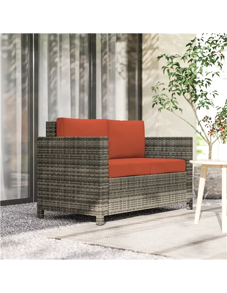 Outsunny Rattan Sofa, 2 Seater Garden Furniture with Soft Padded Cushion and Armrests, Wicker Garden Loveseat for Patio, Grey