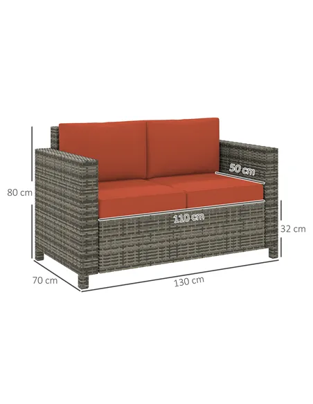 Outsunny Rattan Sofa, 2 Seater Garden Furniture with Soft Padded Cushion and Armrests, Wicker Garden Loveseat for Patio, Grey