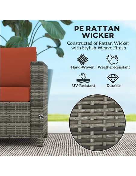 Outsunny Rattan Sofa, 2 Seater Garden Furniture with Soft Padded Cushion and Armrests, Wicker Garden Loveseat for Patio, Grey