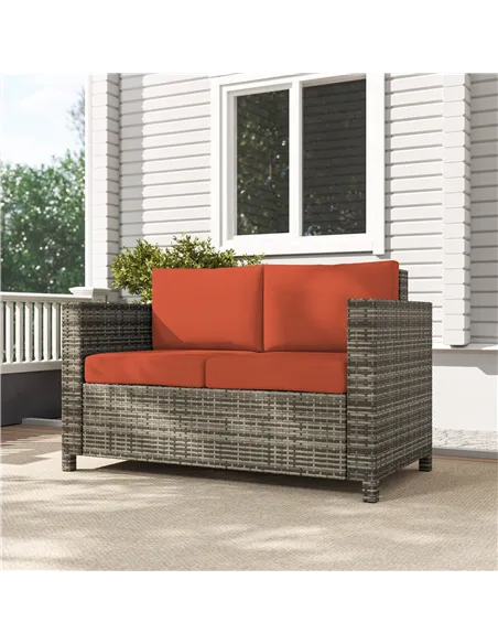Outsunny Rattan Sofa, 2 Seater Garden Furniture with Soft Padded Cushion and Armrests, Wicker Garden Loveseat for Patio, Grey