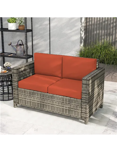 Outsunny Rattan Sofa, 2 Seater Garden Furniture with Soft Padded Cushion and Armrests, Wicker Garden Loveseat for Patio, Grey