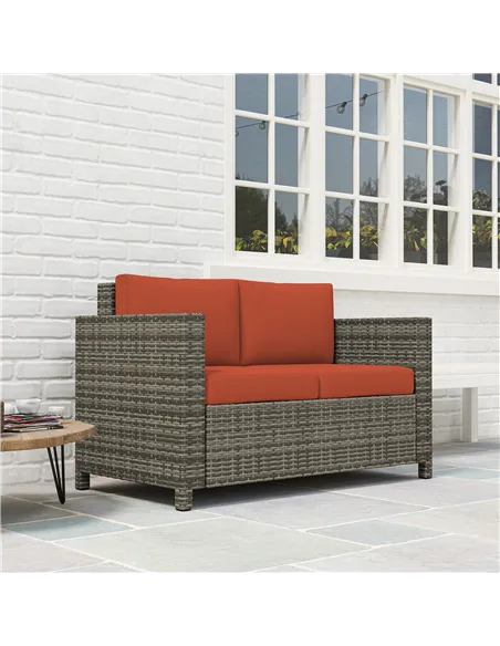 Outsunny Rattan Sofa, 2 Seater Garden Furniture with Soft Padded Cushion and Armrests, Wicker Garden Loveseat for Patio, Grey