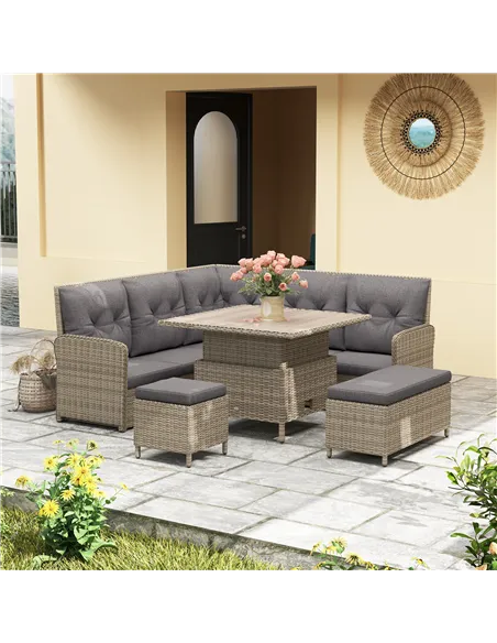 Outsunny 6 Pieces Outdoor PE Rattan Garden Furniture, Patio Wicker Sectional Conversation Corner Sofa w/ Soft Padded Cushion & L