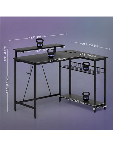 HOMCOM Reversible 'L' LED Light Gaming/Work Desk - Black