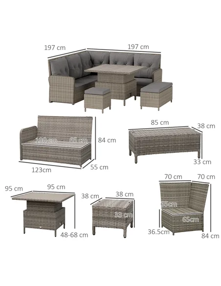 Outsunny 6 Pieces Outdoor PE Rattan Garden Furniture, Patio Wicker Sectional Conversation Corner Sofa w/ Soft Padded Cushion & L