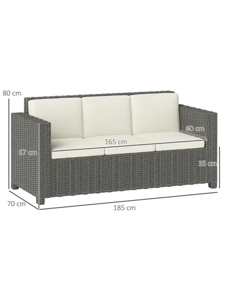 Outsunny 3 Seater Rattan Sofa All-Weather Wicker Weave Metal Frame Chair with Fire Resistant Cushio-Cream