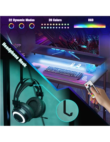 HOMCOM Reversible 'L' LED Light Gaming/Work Desk - Black