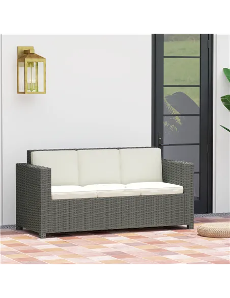 Outsunny 3 Seater Rattan Sofa All-Weather Wicker Weave Metal Frame Chair with Fire Resistant Cushio-Cream