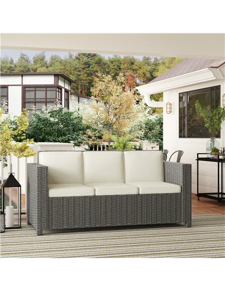 Outsunny 3 Seater Rattan Sofa All-Weather Wicker Weave Metal Frame Chair with Fire Resistant Cushio-Cream