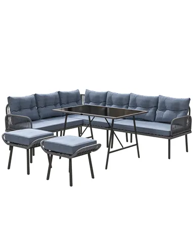 Outsunny 6 Piece Rattan Garden Furniture Set, 8 Seater Garden Corner Sofa with Cushions and Glass Top Table, Sectional Outdoor F