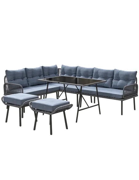 Outsunny 6 Piece Rattan Garden Furniture Set, 8 Seater Garden Corner Sofa with Cushions and Glass Top Table, Sectional Outdoor F