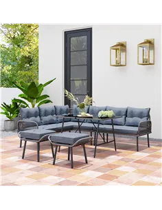 Outsunny 6 Piece Rattan Garden Furniture Set, 8 Seater Garden Corner Sofa with Cushions and Glass Top Table, Sectional Outdoor F 2