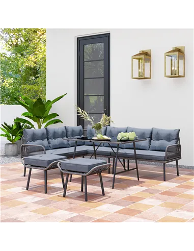 Outsunny 6 Piece Rattan Garden Furniture Set, 8 Seater Garden Corner Sofa with Cushions and Glass Top Table, Sectional Outdoor F