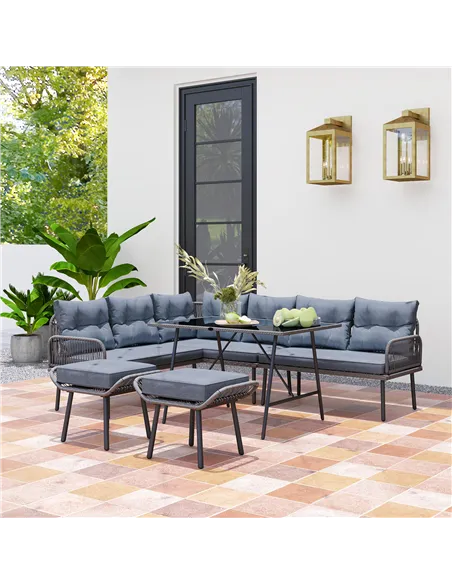 Outsunny 6 Piece Rattan Garden Furniture Set, 8 Seater Garden Corner Sofa with Cushions and Glass Top Table, Sectional Outdoor F