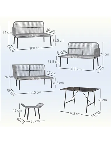 Outsunny 6 Piece Rattan Garden Furniture Set, 8 Seater Garden Corner Sofa with Cushions and Glass Top Table, Sectional Outdoor F