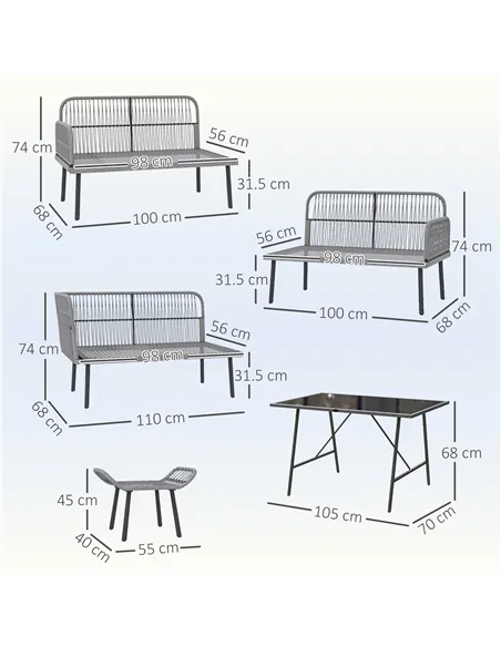 Outsunny 6 Piece Rattan Garden Furniture Set, 8 Seater Garden Corner Sofa with Cushions and Glass Top Table, Sectional Outdoor F