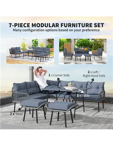 Outsunny 6 Piece Rattan Garden Furniture Set, 8 Seater Garden Corner Sofa with Cushions and Glass Top Table, Sectional Outdoor F