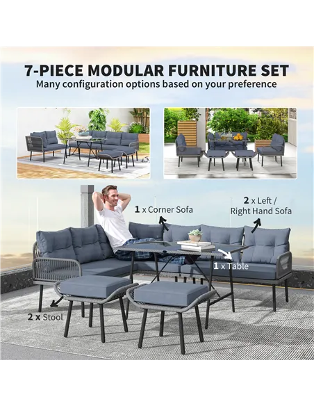 Outsunny 6 Piece Rattan Garden Furniture Set, 8 Seater Garden Corner Sofa with Cushions and Glass Top Table, Sectional Outdoor F