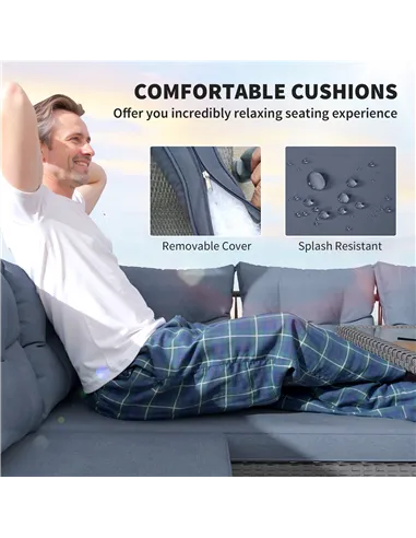 Outsunny 6 Piece Rattan Garden Furniture Set, 8 Seater Garden Corner Sofa with Cushions and Glass Top Table, Sectional Outdoor F