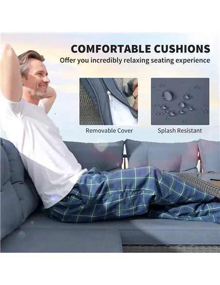 Outsunny 6 Piece Rattan Garden Furniture Set, 8 Seater Garden Corner Sofa with Cushions and Glass Top Table, Sectional Outdoor F