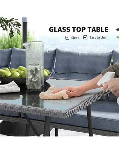 Outsunny 6 Piece Rattan Garden Furniture Set, 8 Seater Garden Corner Sofa with Cushions and Glass Top Table, Sectional Outdoor F