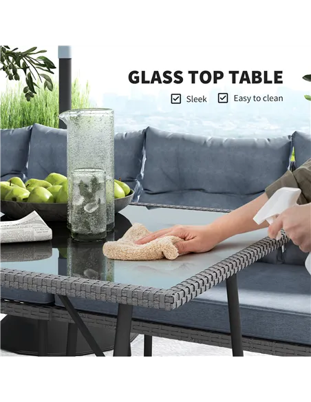 Outsunny 6 Piece Rattan Garden Furniture Set, 8 Seater Garden Corner Sofa with Cushions and Glass Top Table, Sectional Outdoor F