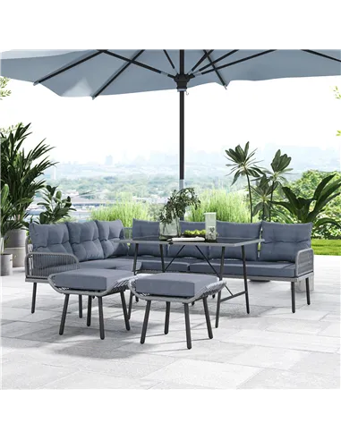 Outsunny 6 Piece Rattan Garden Furniture Set, 8 Seater Garden Corner Sofa with Cushions and Glass Top Table, Sectional Outdoor F