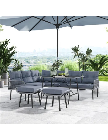 Outsunny 6 Piece Rattan Garden Furniture Set, 8 Seater Garden Corner Sofa with Cushions and Glass Top Table, Sectional Outdoor F