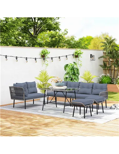 Outsunny 6 Piece Rattan Garden Furniture Set, 8 Seater Garden Corner Sofa with Cushions and Glass Top Table, Sectional Outdoor F