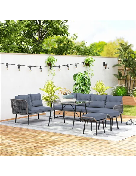 Outsunny 6 Piece Rattan Garden Furniture Set, 8 Seater Garden Corner Sofa with Cushions and Glass Top Table, Sectional Outdoor F