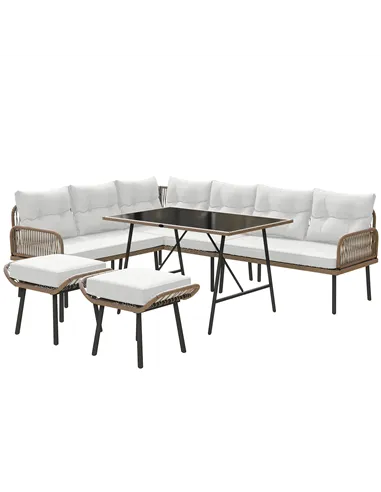 Outsunny 6 Piece Rattan Garden Furniture Set, 8 Seater Garden Corner Sofa with Cushions and Glass Top Table, Sectional Outdoor F