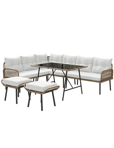 Outsunny 6 Piece Rattan Garden Furniture Set, 8 Seater Garden Corner Sofa with Cushions and Glass Top Table, Sectional Outdoor F