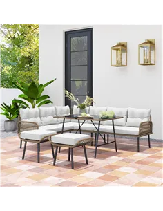 Outsunny 6 Piece Rattan Garden Furniture Set, 8 Seater Garden Corner Sofa with Cushions and Glass Top Table, Sectional Outdoor F 2