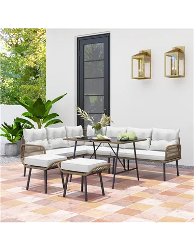 Outsunny 6 Piece Rattan Garden Furniture Set, 8 Seater Garden Corner Sofa with Cushions and Glass Top Table, Sectional Outdoor F