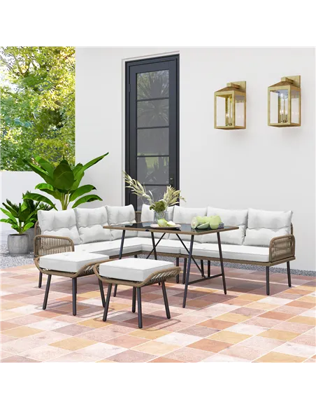 Outsunny 6 Piece Rattan Garden Furniture Set, 8 Seater Garden Corner Sofa with Cushions and Glass Top Table, Sectional Outdoor F