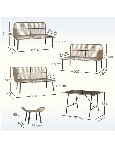 Outsunny 6 Piece Rattan Garden Furniture Set, 8 Seater Garden Corner Sofa with Cushions and Glass Top Table, Sectional Outdoor F