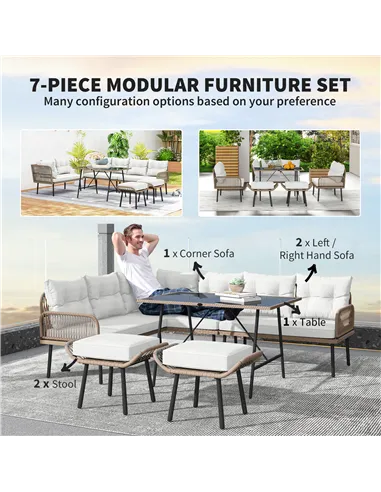 Outsunny 6 Piece Rattan Garden Furniture Set, 8 Seater Garden Corner Sofa with Cushions and Glass Top Table, Sectional Outdoor F
