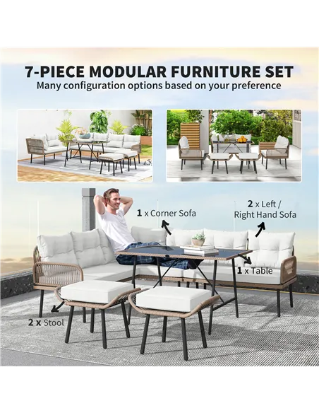 Outsunny 6 Piece Rattan Garden Furniture Set, 8 Seater Garden Corner Sofa with Cushions and Glass Top Table, Sectional Outdoor F