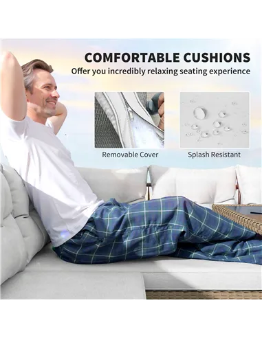 Outsunny 6 Piece Rattan Garden Furniture Set, 8 Seater Garden Corner Sofa with Cushions and Glass Top Table, Sectional Outdoor F