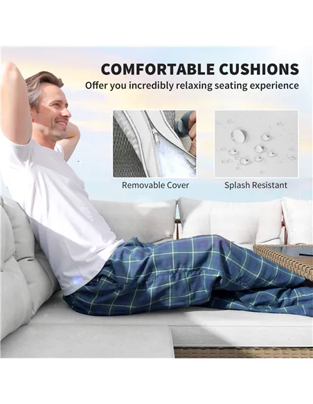 Outsunny 6 Piece Rattan Garden Furniture Set, 8 Seater Garden Corner Sofa with Cushions and Glass Top Table, Sectional Outdoor F