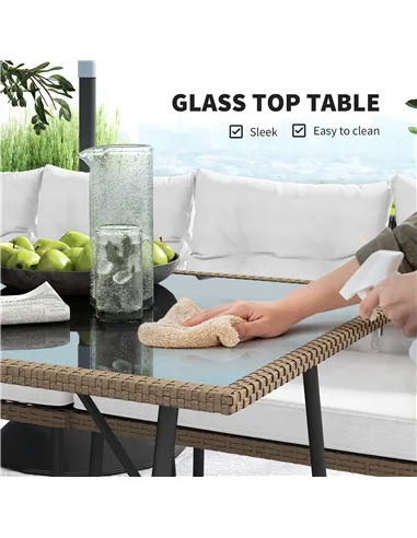 Outsunny 6 Piece Rattan Garden Furniture Set, 8 Seater Garden Corner Sofa with Cushions and Glass Top Table, Sectional Outdoor F