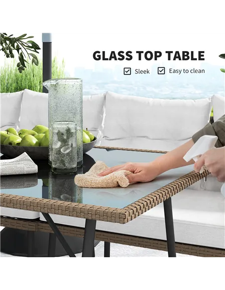 Outsunny 6 Piece Rattan Garden Furniture Set, 8 Seater Garden Corner Sofa with Cushions and Glass Top Table, Sectional Outdoor F