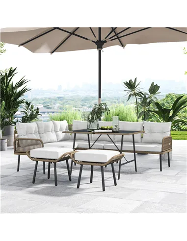 Outsunny 6 Piece Rattan Garden Furniture Set, 8 Seater Garden Corner Sofa with Cushions and Glass Top Table, Sectional Outdoor F
